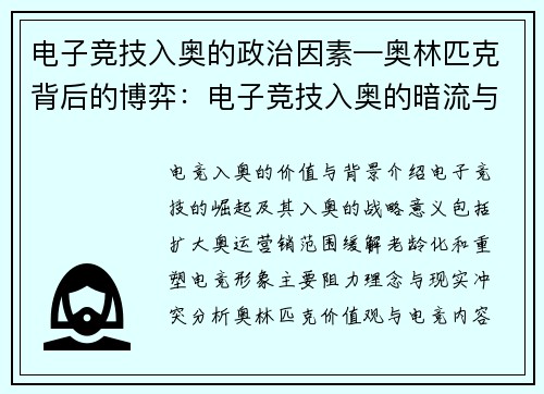 电子竞技入奥的政治因素—奥林匹克背后的博弈：电子竞技入奥的暗流与挑战